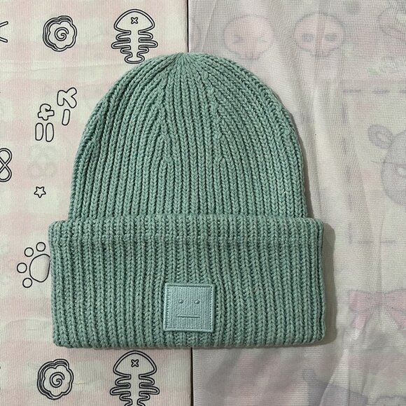 Acne Studios Embroidered Smiley Face Knit Hat Lake Blue - Picture 1 of 5
